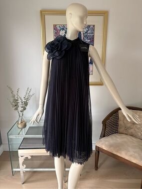 Joseph Ribkoff Elegant Navy Pleated Floral Shoulder Dress